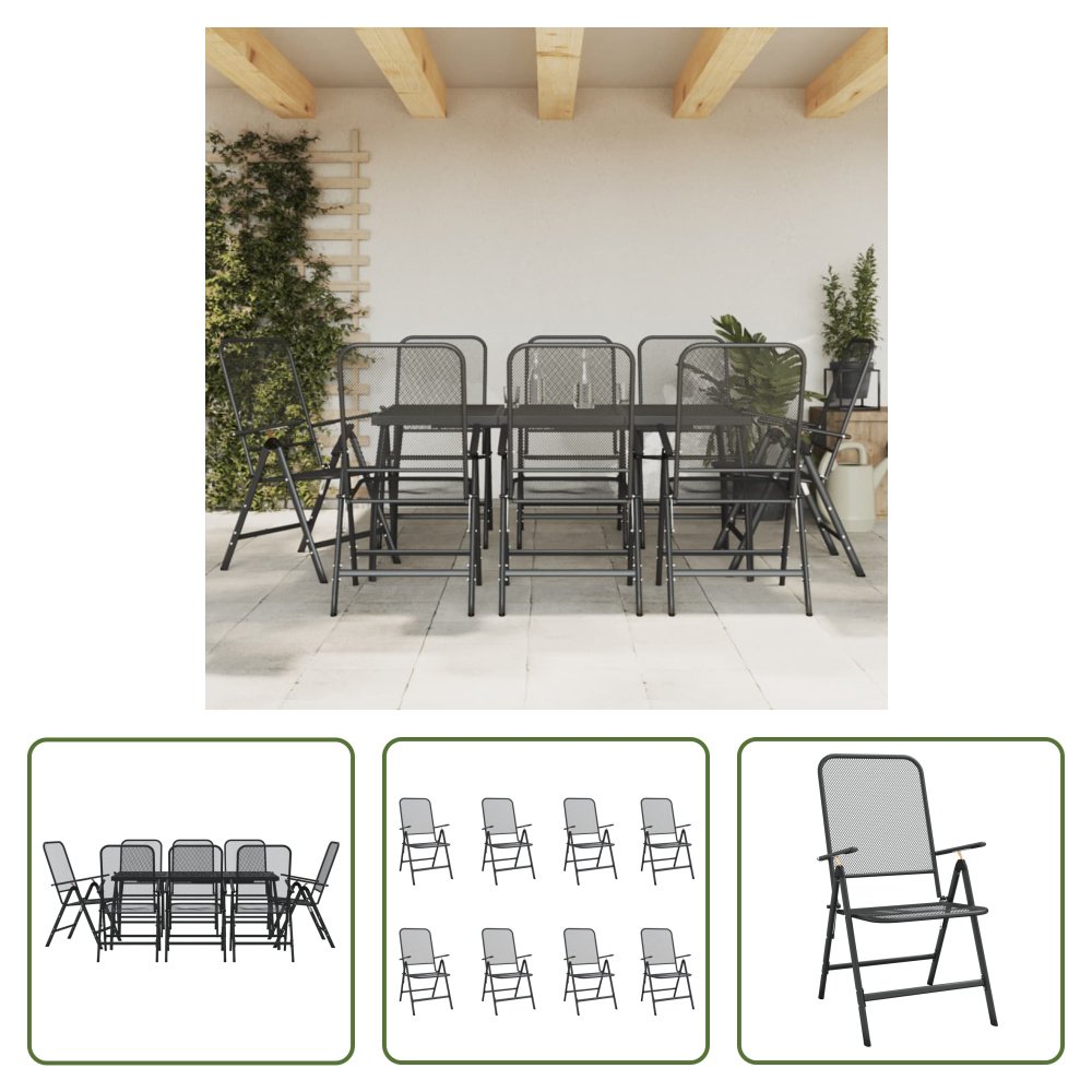 The Living Store 9-częściowy ogrodowy zestaw jadalniany antracytowy z siatki cięto-ciągnionej