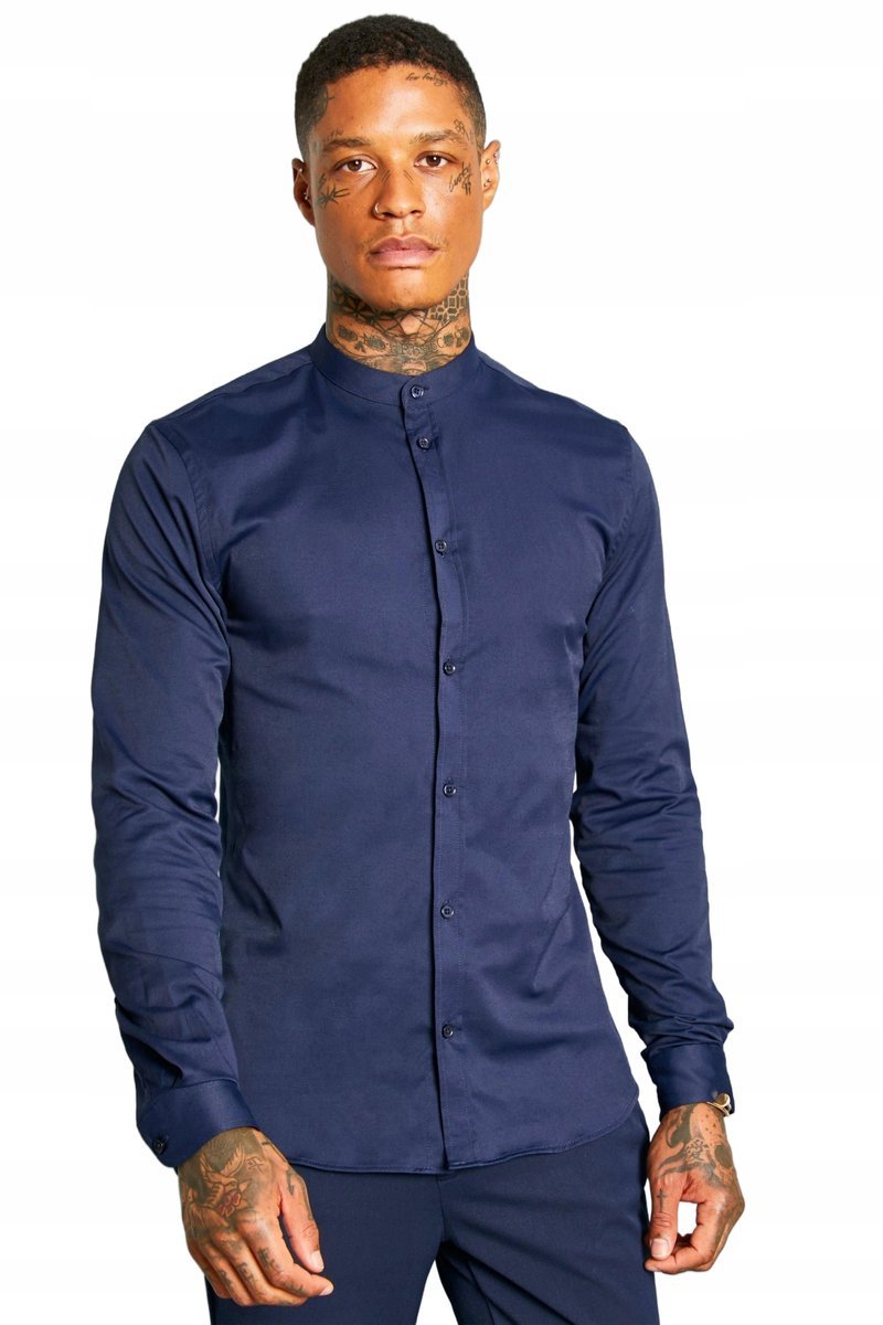 BOOHOOMAN GRANATOWA ELEGANCKA KOSZULA Z KOŁNIERZYKIEM STÓJKA L Z3A