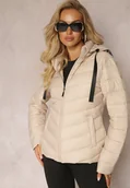 Kurtki damskie - Beżowa Jednolita Kurtka z Pikowaniem Kieszeniami i Suwakiem oraz Kapturem Sassana - miniaturka - grafika 1