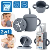 Sztućce dla dzieci - Kubek silikonowy niewysypek ze słomką pokrywką na przekąski 2w1 180ml REER - miniaturka - grafika 1
