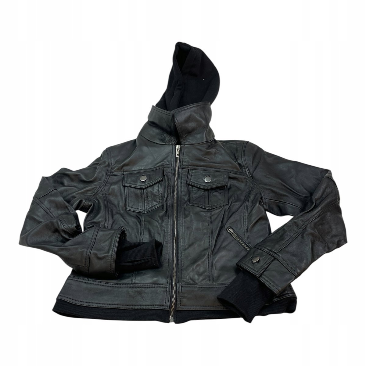 Damska kurtka skórzana Real Leather czarna rozmiar M z odpinanym kapturem