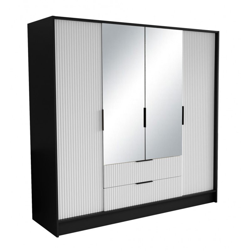 Szafa z drzwiami skrzydłowymi NOEMI, 4-drzwiowa szafa z 2 szufladami i 2 lustrami, nowoczesna szafa, wymiary szafy: 200 x 200 x 51 cm