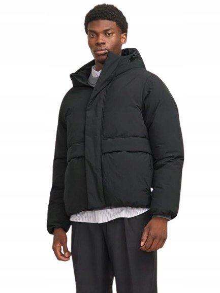 JACK & JONES KURTKA MĘSKA ZIMOWA PIKOWANA Z KAPTUREM CZARNA S J7A