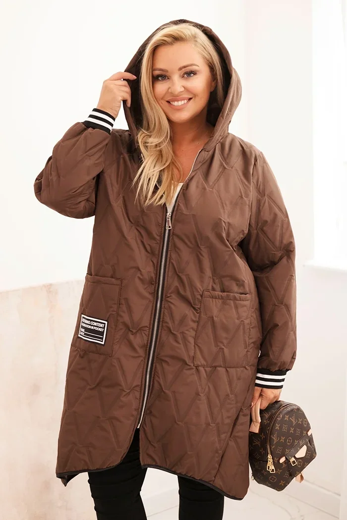 Kurtka damska Plus Size pikowana z kapturem i sportowymi mankietami czekoladowa Czekoladowy