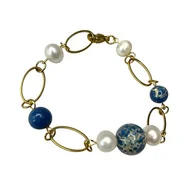 Bransoletki - Pozłacana bransoletka z jaspisami w otoczeniu pereł - miniaturka - grafika 1