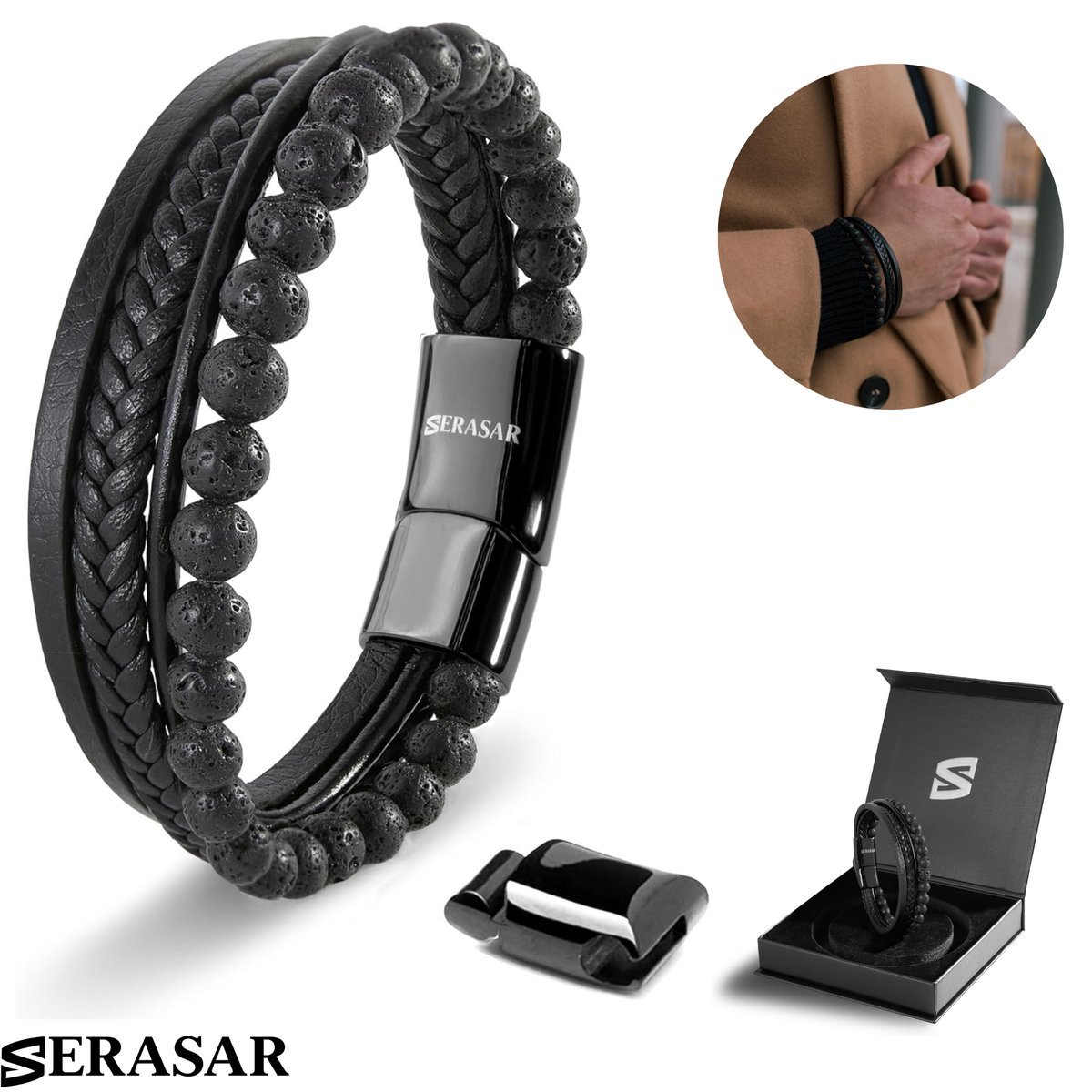 SERASAR, Premium Oryginalna Skórzana Bransoletka Dla Mężczyzn [Stone] w Kolorze Czarnym, Koraliki z Kamienia Naturalnego, 17 cm, Zapięcie Magnetyczn..