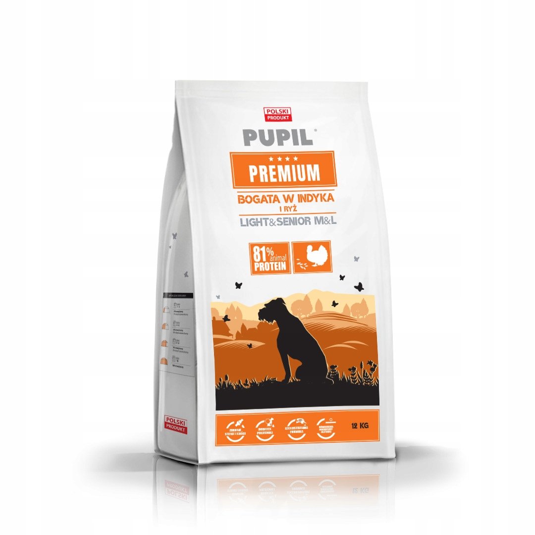Karma sucha dla psa PUPIL FOODS Premium Light & Senior Medium & Large, bogata w indyka i ryż, 12 kg