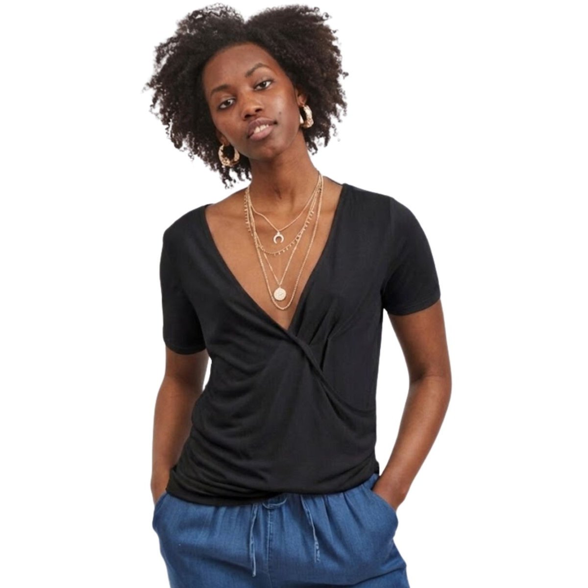 Bluzka damska Vila Modelina czarna luźna z głębokim dekoltem-XS