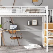 Łóżka dla dzieci i młodzieży - Łóżko antresola 90x200cm - ze stołem - z otwartą szafą - drabinka bezpieczeństwa 4 stopnie - żelazo + płyta wiórowa - białe (bez materaca) - miniaturka - grafika 1