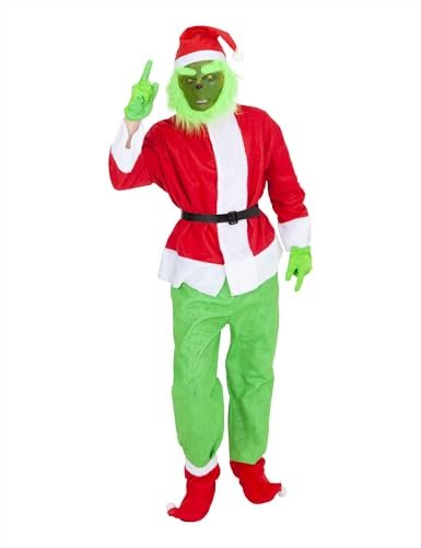 Rubies Kostium Grincha dla dorosłych, kurtka ze spodniami i paskiem, pokrowce na buty, rękawiczki, czapka i maska, zielony potwór na Boże Narodzenie, cosplay, Święty Mikołaj, Święty Mikołaj