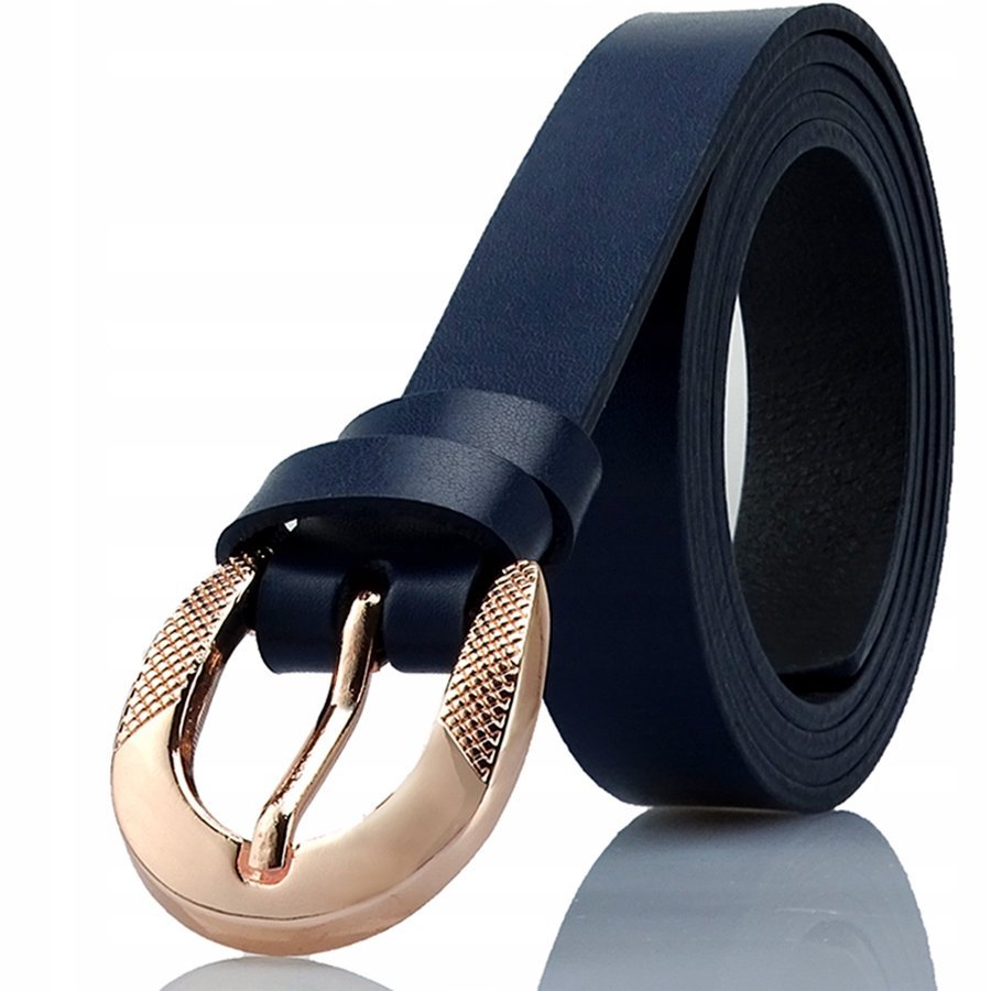 Pasek damski granatowy do sukienki złota klamra