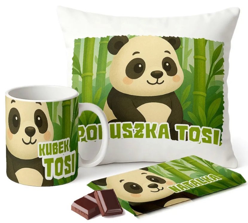 Zestaw Kubek Poduszka Czekolada z Imieniem Panda Prezent Personalizowany