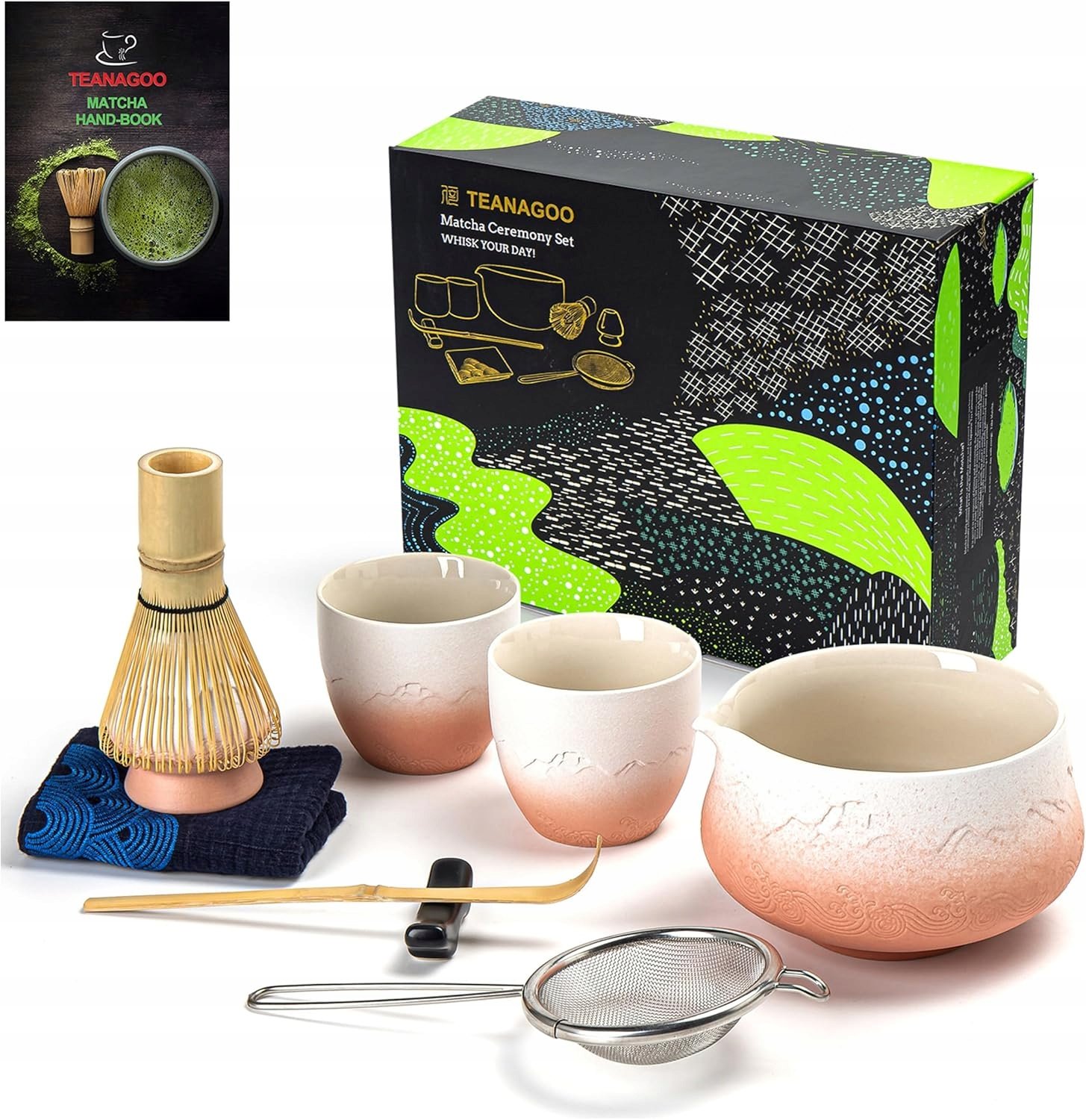 Teanagoo Zestaw Matcha 9 elementów Bambus Ceramika Gradient różowy biały