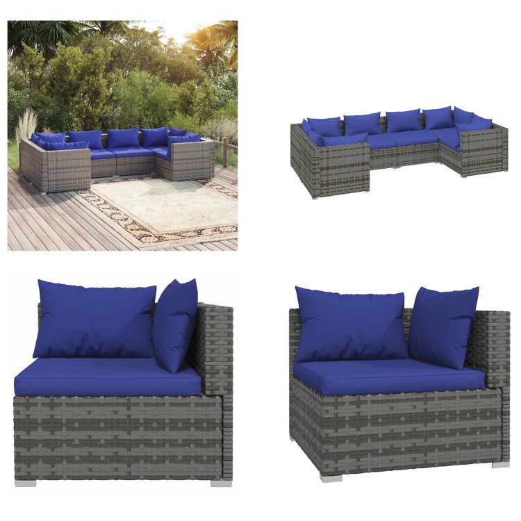 vidaXL 6-częściowy zestaw wypoczynkowy do ogrodu z poduszkami z szarego rattanu - zestaw wypoczynkowy do ogrodu - zestawy wypoczynkowe do ogrodu - zestaw wypoczynkowy na patio - zestaw sof na patio