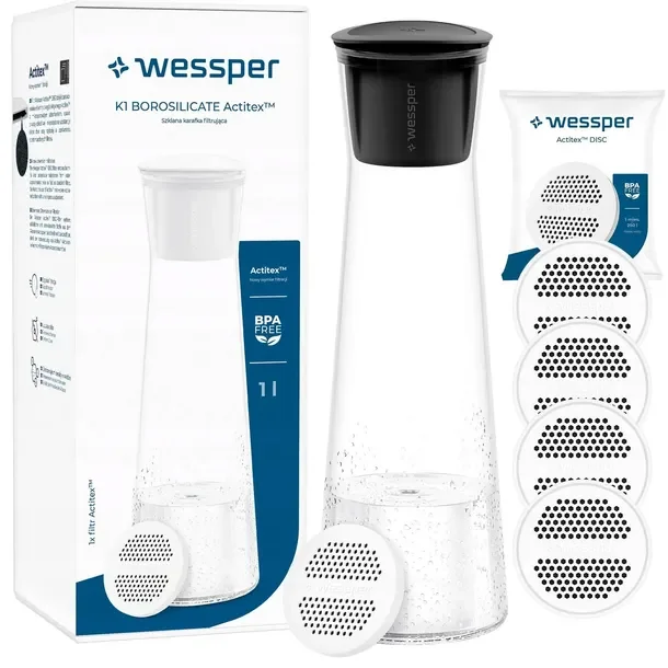 Szklana Karafka na Wodę i Napoje WESSPER 1L z 5 Filtrami do Wody Kranowej