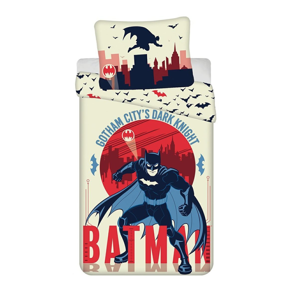 Pościel 140x200 Batman Gotham´s Knight kremowa czerwona poszewka 70x90