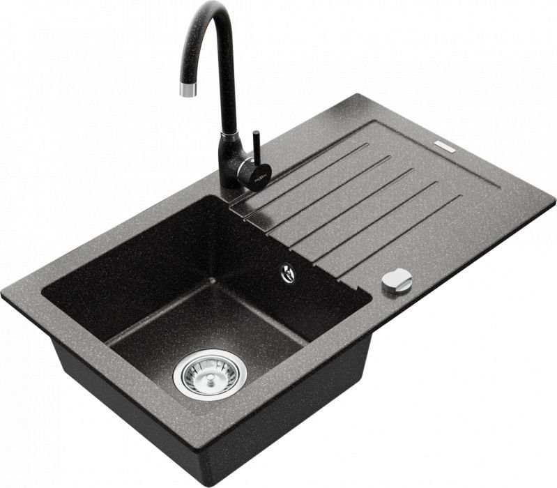 Mexen Zlewozmywak  Pablo granitowy 1-komorowy z ociekaczem i baterią kuchenną Telma, czarny nakrapiany - 6510-76-670200-76