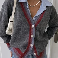 Swetry damskie - TEMU Kardigan Damski Elegancki Vintage - Dwukolorowy Design, Dekolt w Serek z Długim Rękawem i Otwartym Przodem na Guziki, Średnio Elastyczny - miniaturka - grafika 1