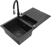 Zlewozmywaki z baterią - Mexen Matias zlewozmywak granitowy 1,5-komorowy z ociekaczem i baterią kuchenną Savita, czarny/srebrny - 6502-73-672601-70-B - miniaturka - grafika 1