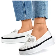 Półbuty damskie - Goodin Skórzane półbuty damskie ażurowe na grubej podeszwie białe GD-XF-103W - miniaturka - grafika 1