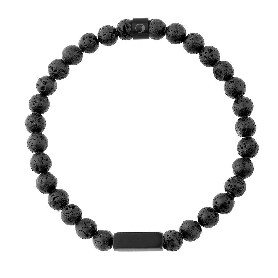 Bransoletka męska z lawy, czarna blaszka, stal.