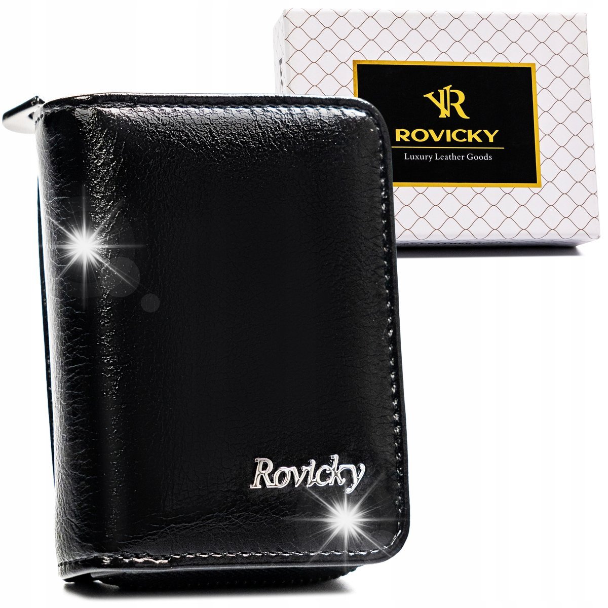 Portfel damski skórzany mały elegancki czarny Rovicky w pudełku na prezent