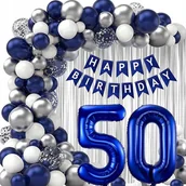 Balony i akcesoria - BALONY SREBRNE GRANATOWE GIRLANDA BALONOWA ZESTAW 50 URODZINY ŚCIANKA BANER - miniaturka - grafika 1