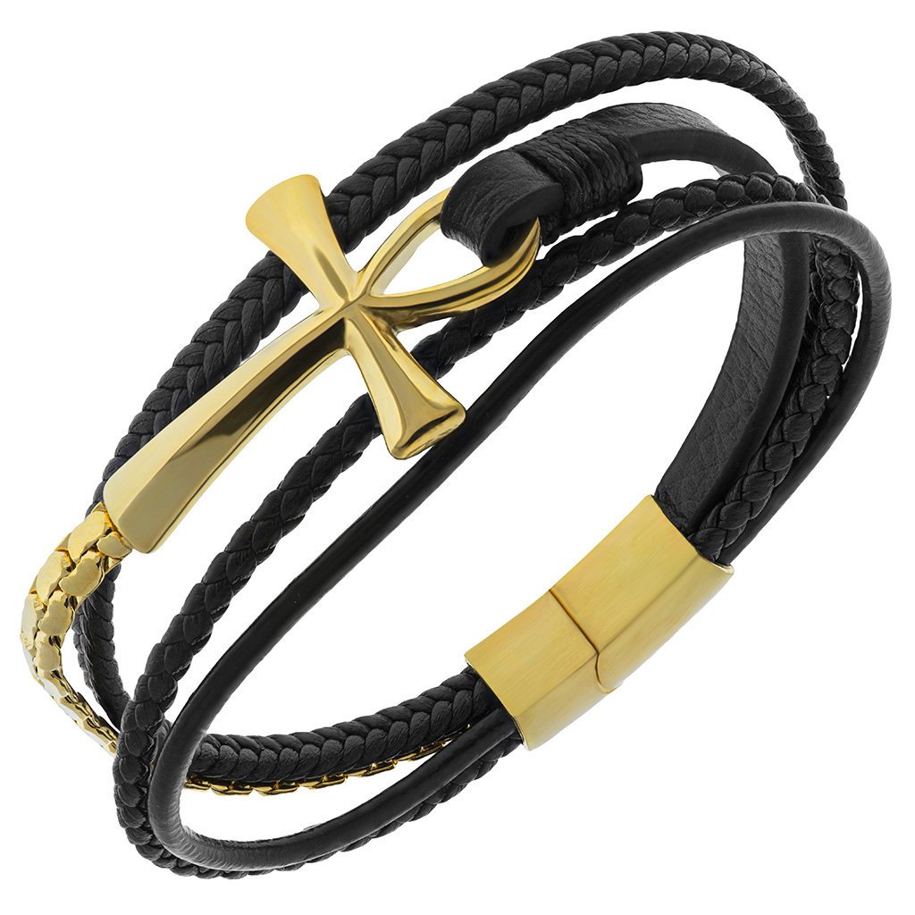 Bransoletka SKÓRZANA męska pleciona KRZYŻ EGIPSKI