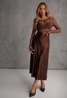 Spódnice - Brązowa Satynowa Midi Spódnica Rozkloszowana z Gumką w Pasie i Suwakiem Leose - miniaturka - grafika 1