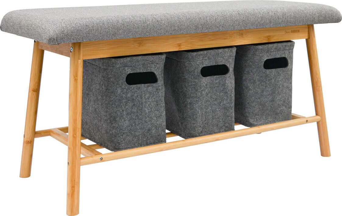 Ławka skandynawska z 3 filcowymi koszami 90x34x44 Bambusowa ławka na buty Drewniana ławka do przedpokoju