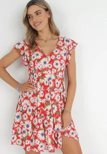 Czerwona Sukienka Mini z Wiskozy z Gumką w Pasie i Falbankami Nidi - Sukienki - miniaturka - grafika 1