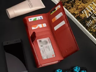 Portfele - Portfel damski skórzany poziomy elegancki RFID piórka czerwony Alessandro X68 - None - grafika 1