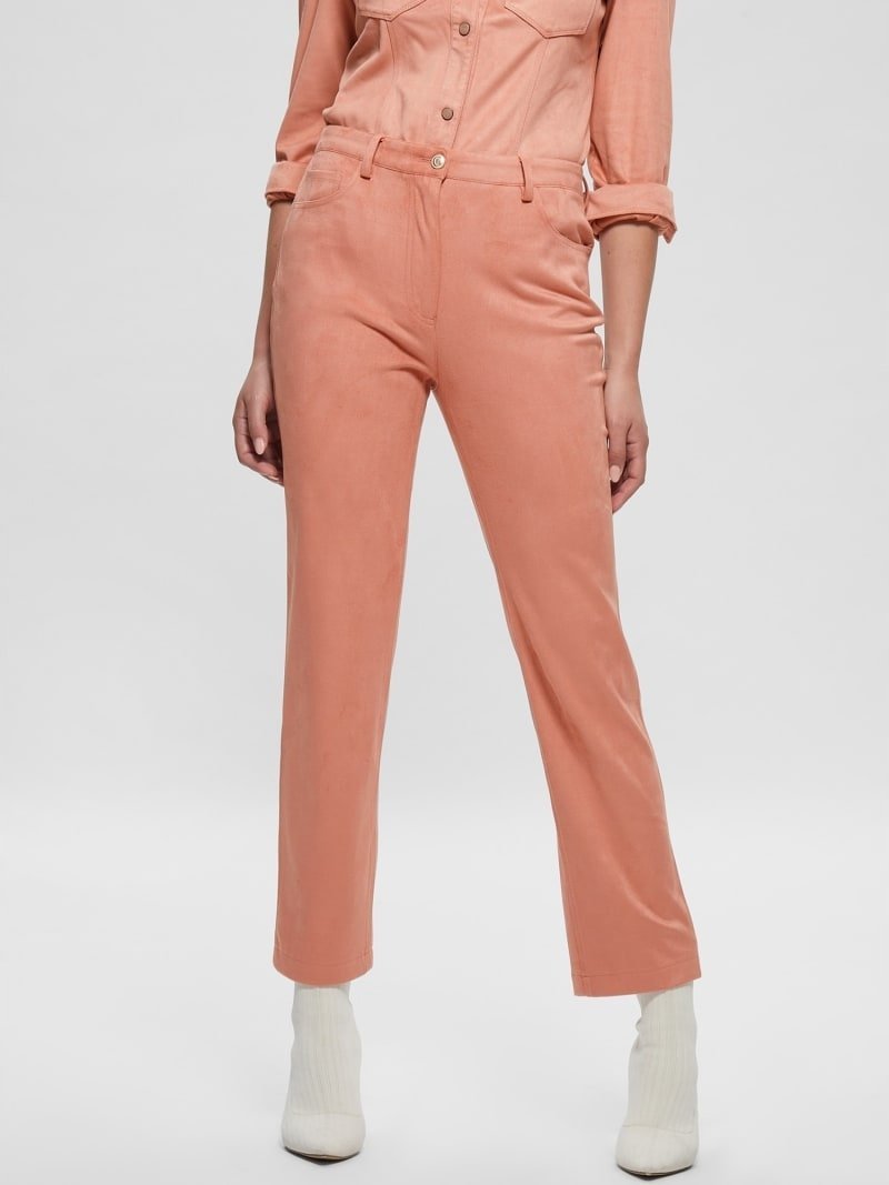 GUESS RÓŻOWE SPODNIE RURKI Z EFEKTEM ZAMSZU CASUAL 26 GGA