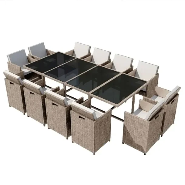 Beżowy zestaw mebli rattanowych 1 stół 12 krzeseł 24 poduszki 225x109x7