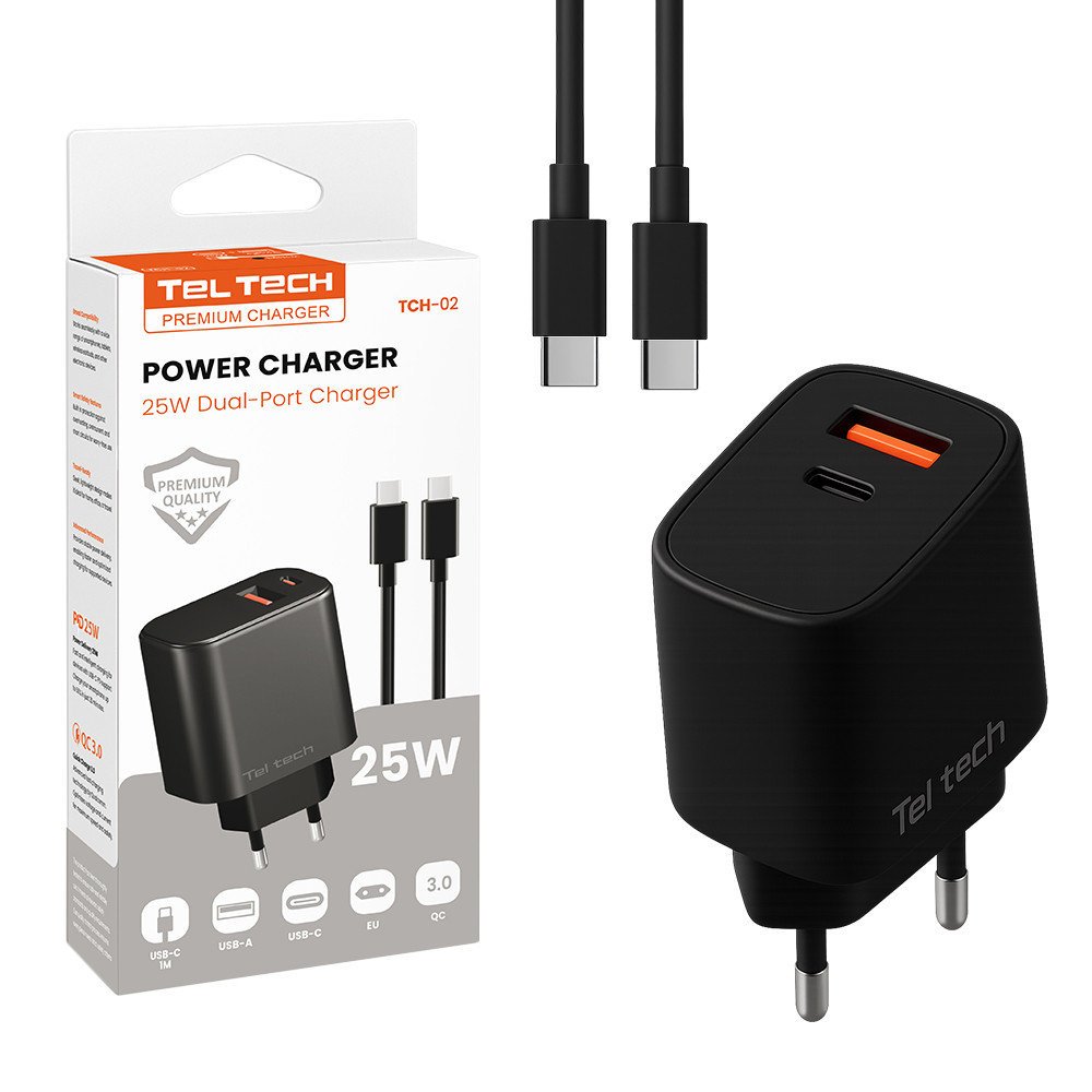 Teltech Ładowarka sieciowa USB / Typ-C 25W + kabel Typ-C - Typ-C 1m czarny TCH-02