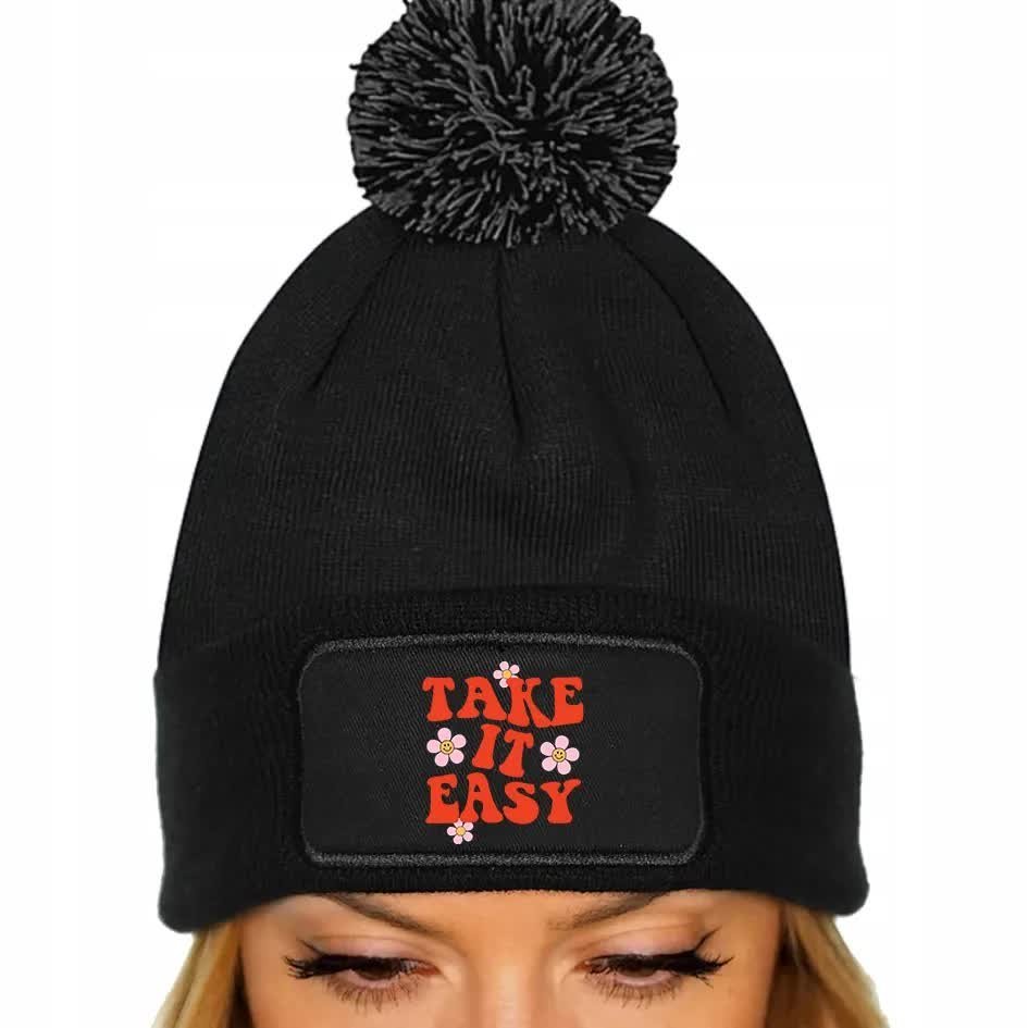 CZAPKA POMPON Jesienna BAWEŁNIANA ZIMOWA CZARNA BEANIE TAKE IT EASY Wzory