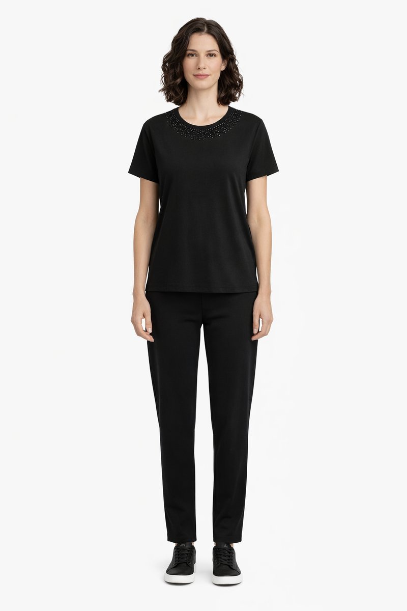 TWINSET CZARNY T SHIRT Z OZDOBNYMI CEKINAMI PRZY DEKOLCIE S I4A