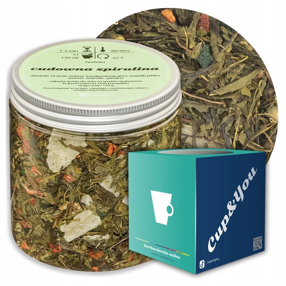 Herbata zielona CUDOWNA SPIRULINA o smaku słodkiego aloesu PREMIUM Cup&You - herbata liściasta sypana mieszanka napar susz - gotowa na prezent upomi..