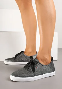 Czarne Tenisówki z Brokatem ze Sznurówkami Typu Wstążka Paldora - Trampki damskie - miniaturka - grafika 1
