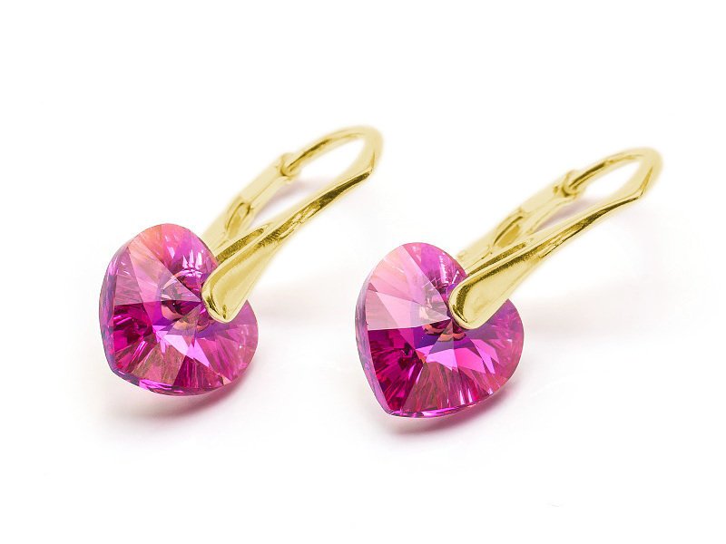 Kolczyki pozłacane srebro 925 z kryształami Swarovski Serca 10mm Fuchsia AB