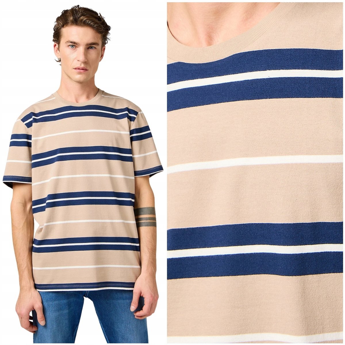 Wrangler STRIPE TEE Timberwolf beżowa bawełniana koszulka t-shirt w paski S