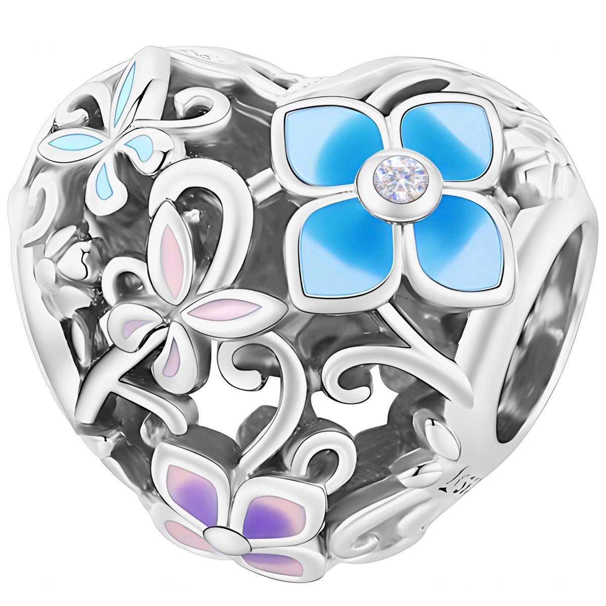 Charms Srebrny Koralik Łąka Serce Serduszko Kolorowy Motyl SREBRO 925