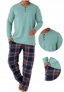 Piżama męska zielona długi rękaw guziki i spodnie w kratkę L - Piżamy damskie - miniaturka - grafika 1