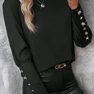 Koszule damskie - TEMU Kobieca Elegancka Bluzka z Długim Rękawem i Złotymi Guzikami na Rękawach - Jednolity Czarny Okrągły Dekolt, Pranie w Pralce, Regularny Krój na - miniaturka - grafika 1
