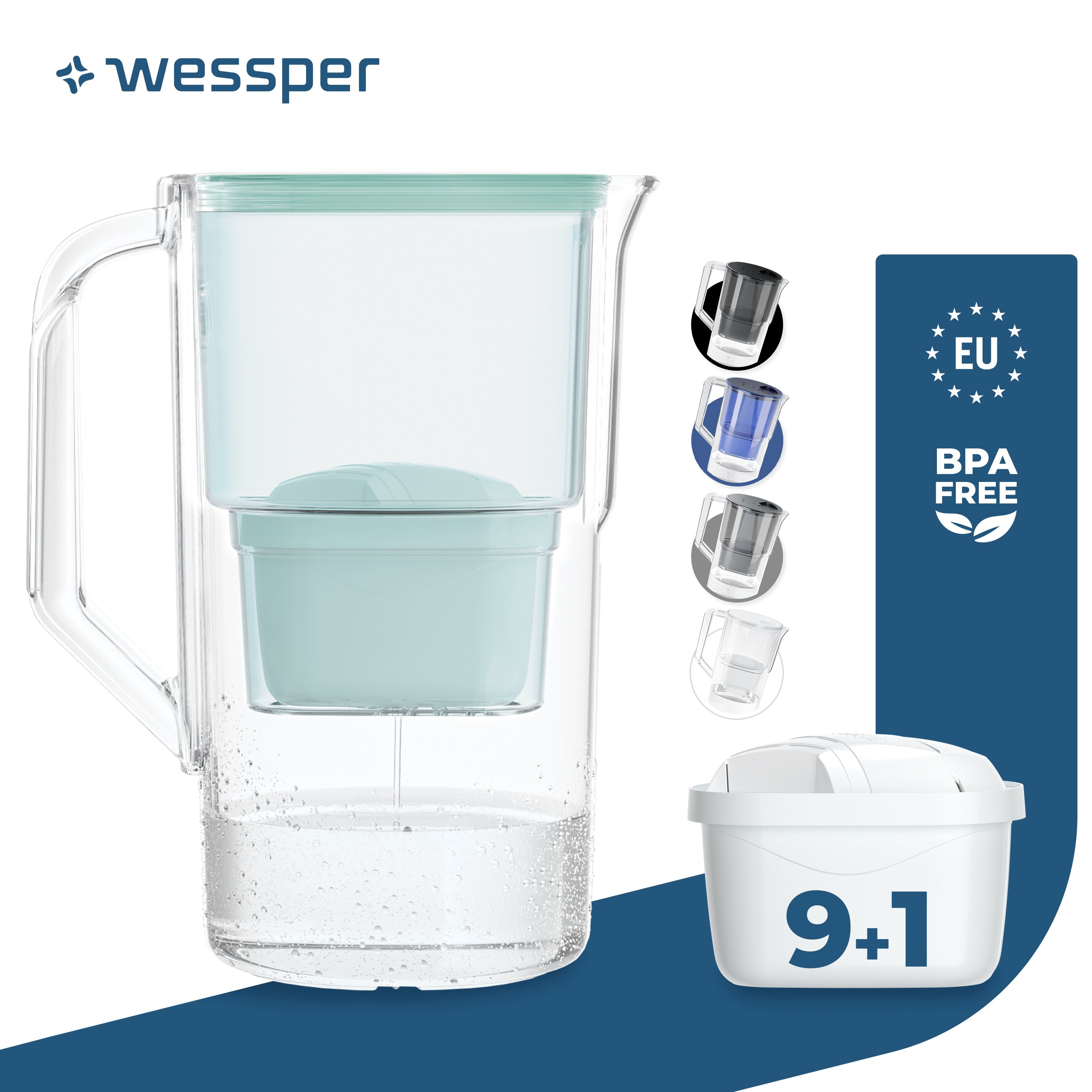 Dzbanek filtrujący wodę Wessper 2,5 L Kompatybilny z Brita Maxtra, system filtracji wody redukujący kamień, chlor + 10x miętowy filtr do wody
