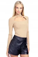 Bluzki damskie - GUESS BEŻOWA BLUZKA Z DŁUGIM RĘKAWEM I GOLFEM Z WYCIĘCIEM M GXB - miniaturka - grafika 1