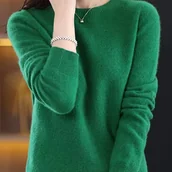 Swetry damskie - TEMU Damski Sweter Casual Elegancki Jednokolorowy z Okrągłym Dekoltem - Średnia Elastyczność, Pranie w Praniu Maszynowym, Luźny Fason Długi Rękaw na - miniaturka - grafika 1