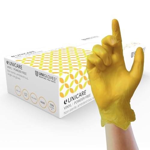 UNIGLOVES Unicare Vinyl Disposable Gloves - Wszechstronne rękawice do badań, bez pudru i lateksu, 100 sztuk, żółte, L (GS0104)