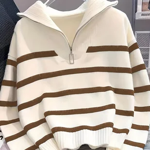 TEMU Elegancki damski sweter w czerwono-białe paski - miękki, gruby, z długim rękawem, z wysokim dekoltem, idealny na jesień/zimę, od stroju - Swetry damskie - miniaturka - grafika 1