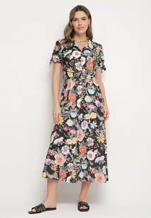 Czarna Rozkloszowana Sukienka o Koszulowym Kroju z Paskiem w Kwiatowy Wzór Fevelorine - Sukienki - miniaturka - grafika 1